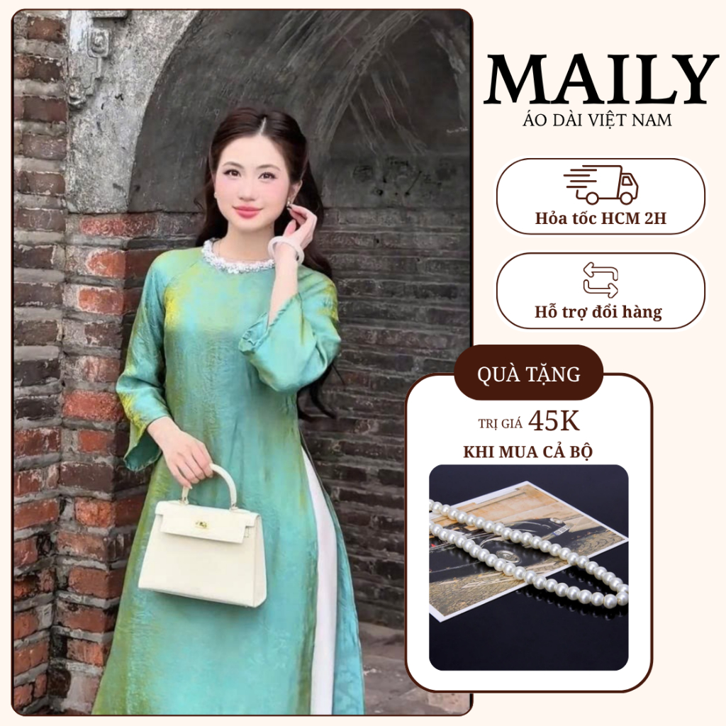 Áo Dài Tường Xuân Dáng Suông Cổ Tròn Đính Ngọc Trẻ Trung - ÁO DÀI MAILY