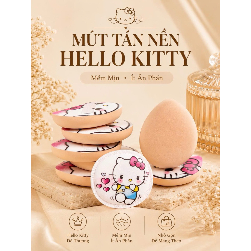 Mút Tán Nền Hello Kitty Hộp Tròn Bông Phấn Trang Điểm Cao Cấp Mềm Mịn Tán Kem Nền Cushion Che Khuyết Điểm NB8