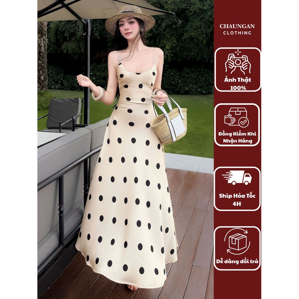 Đầm hai dây chấm bi phối quai ngọc trai CHUẨN THẢO BIBI