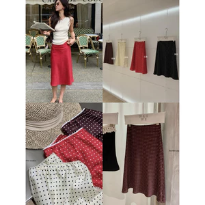 WGWE | Chân váy lụa 2 lớp chấm bi dáng A lửng viền ren nơ nữ tính – W9772#