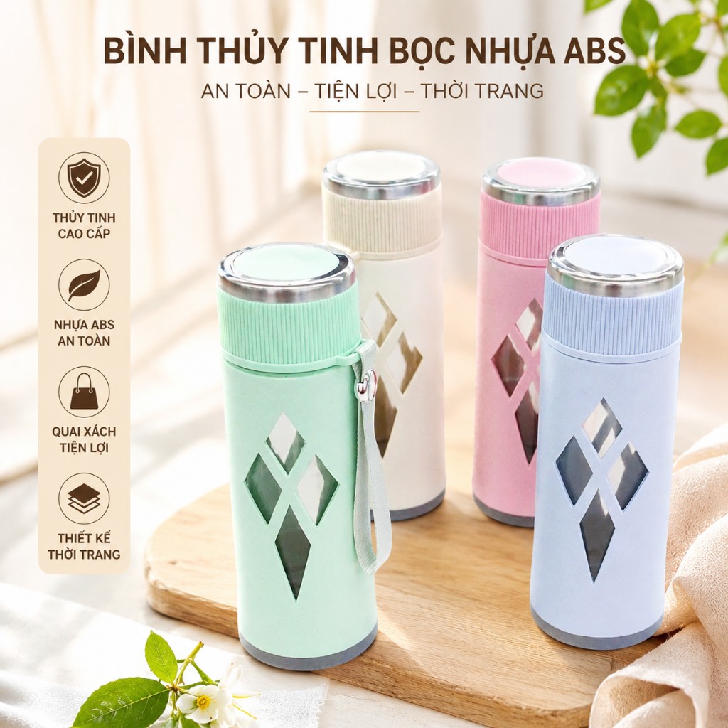 Bình Thủy Tinh Bọc Nhựa ABS Có Quai Xách – An Toàn, Tiện Lợi, Thời Trang