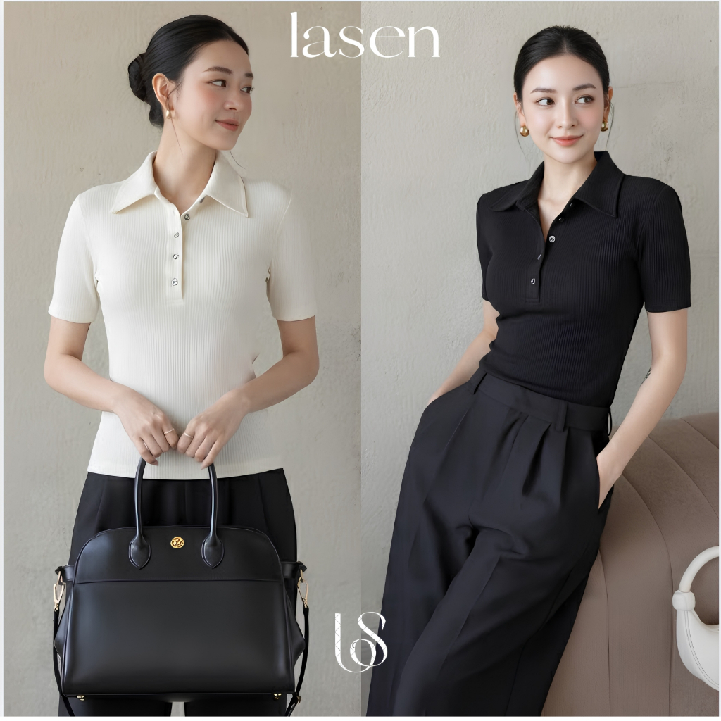 Áo Polo Nữ Thun Gân Lasen Cổ Bẻ Cộc Tay Dáng Ôm Body Co Giãn Mặc Đi Làm Công Sở