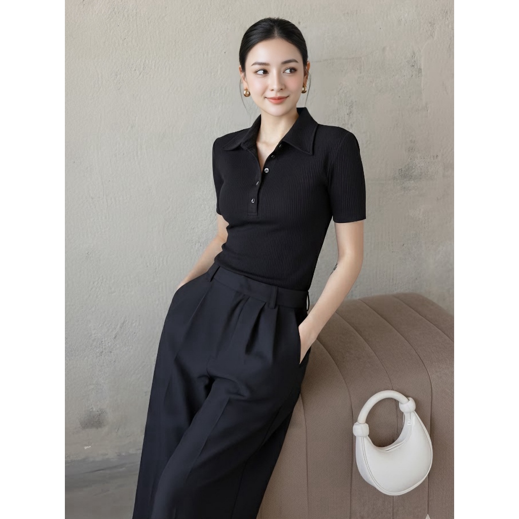 Áo Polo Nữ Thun Gân Lasen Cổ Bẻ Cộc Tay Dáng Ôm Body Co Giãn Mặc Đi Làm Công Sở