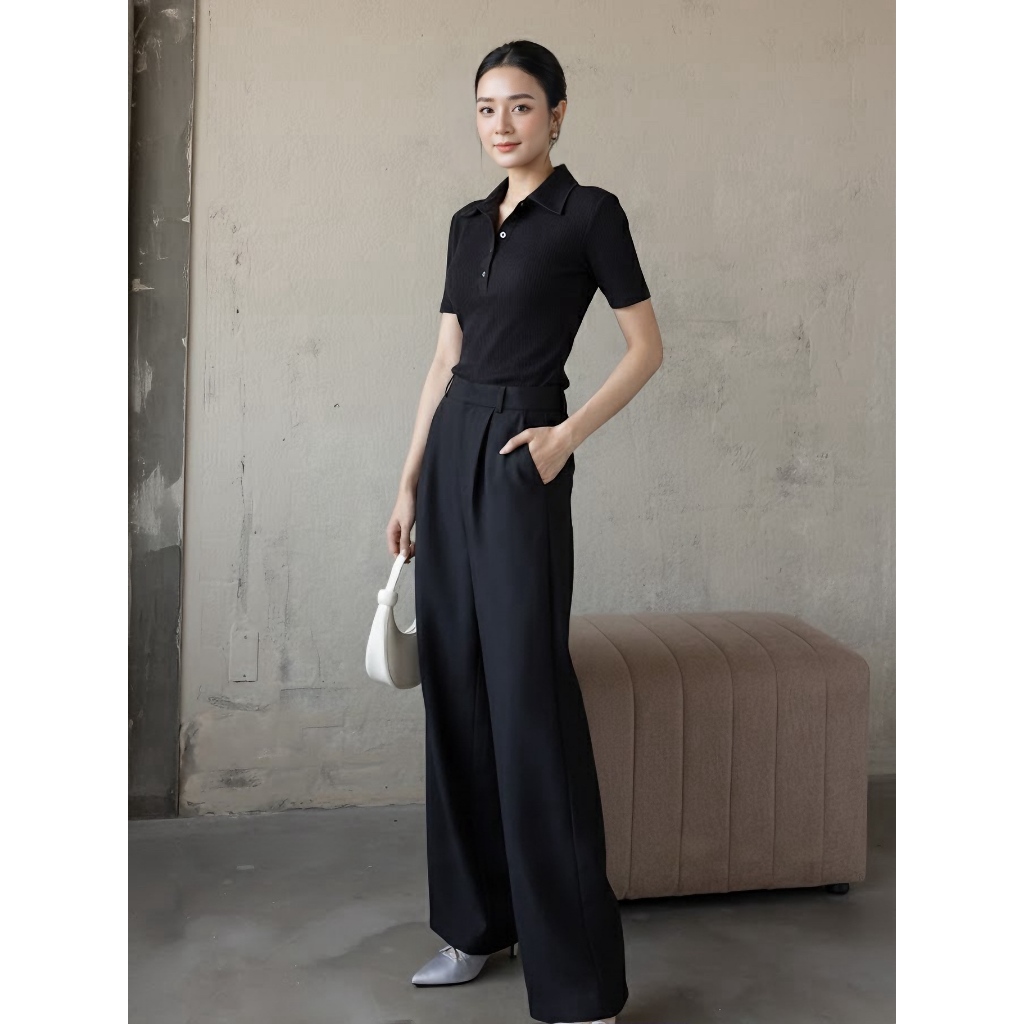 Áo Polo Nữ Thun Gân Lasen Cổ Bẻ Cộc Tay Dáng Ôm Body Co Giãn Mặc Đi Làm Công Sở