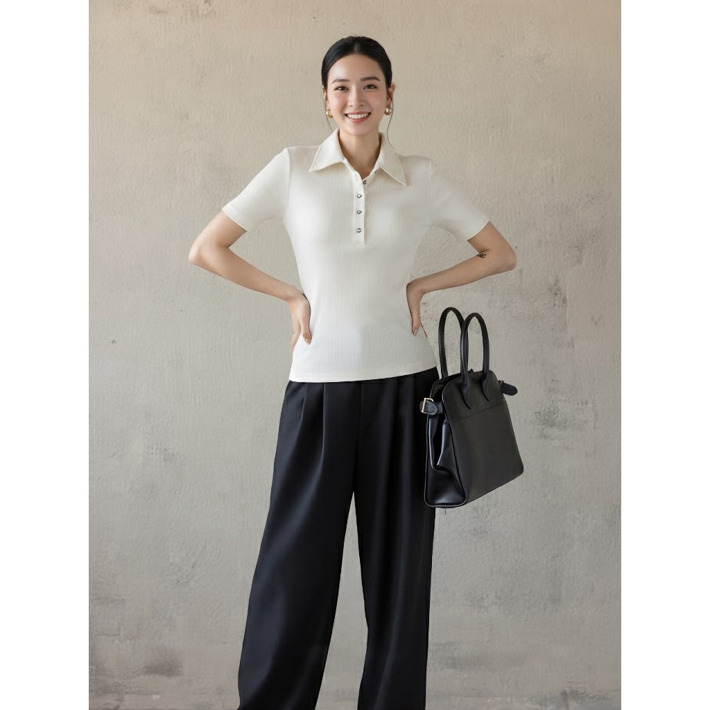 Áo Polo Nữ Thun Gân Lasen Cổ Bẻ Cộc Tay Dáng Ôm Body Co Giãn Mặc Đi Làm Công Sở