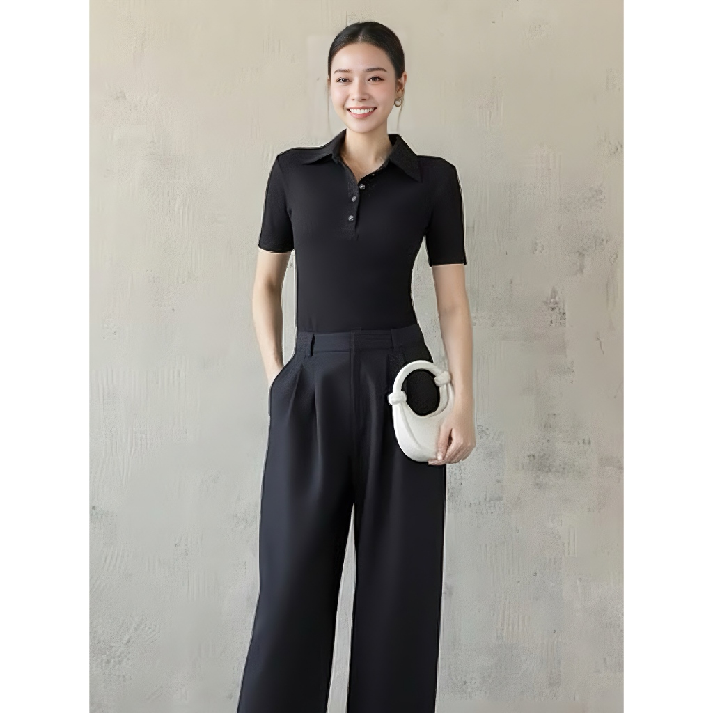 Áo Polo Nữ Thun Gân Lasen Cổ Bẻ Cộc Tay Dáng Ôm Body Co Giãn Mặc Đi Làm Công Sở