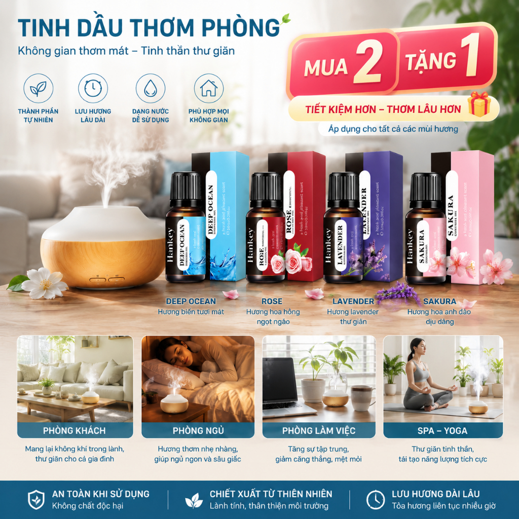 Tinh Dầu Thơm Phòng 10ml|Tinh Dầu Khuếch Tán|Tinh Dầu Máy Tạo Ẩm|Lưu Hương Lâu|4 Mùi Hương