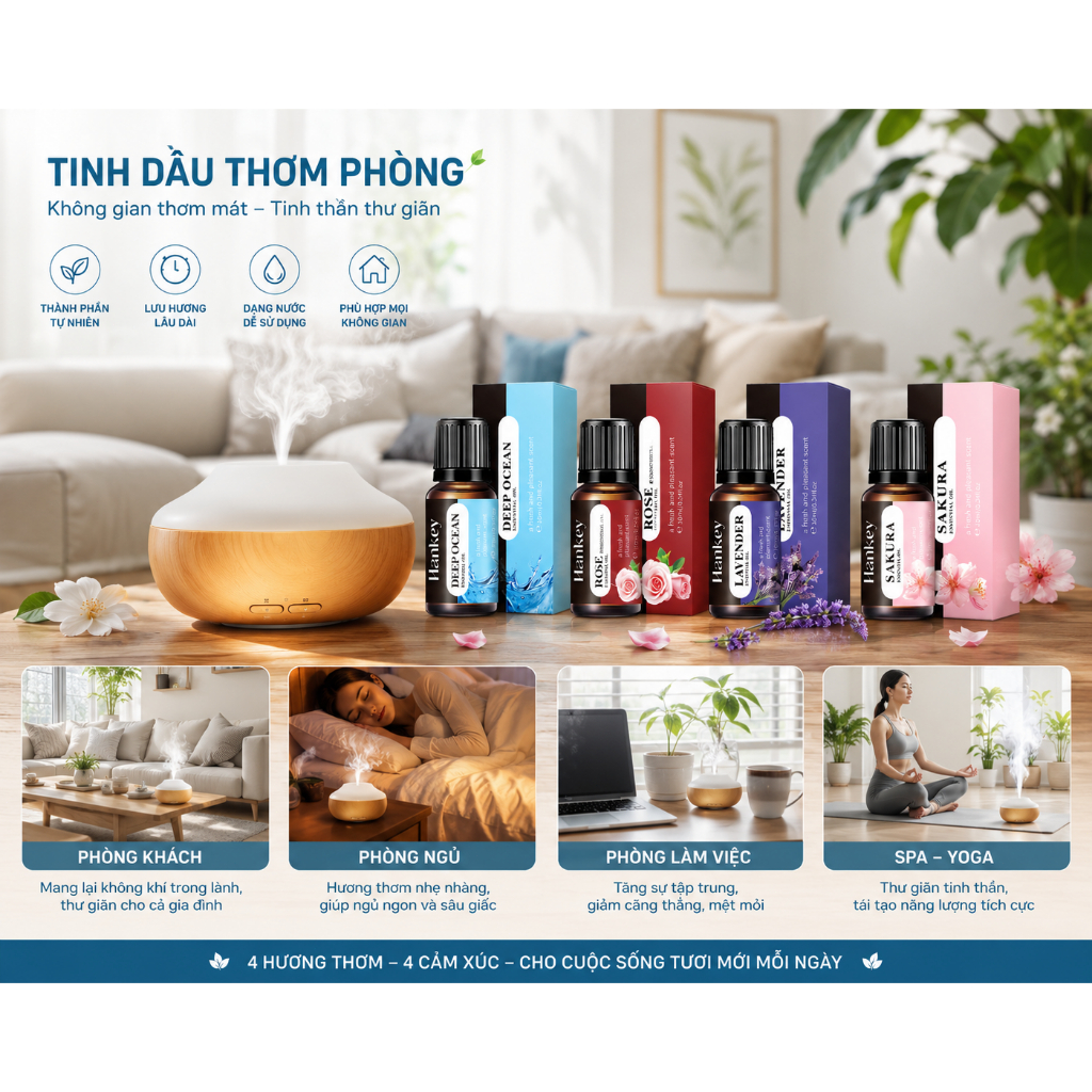 Tinh Dầu Thơm Phòng 10ml|Tinh Dầu Khuếch Tán|Tinh Dầu Máy Tạo Ẩm|Lưu Hương Lâu|4 Mùi Hương