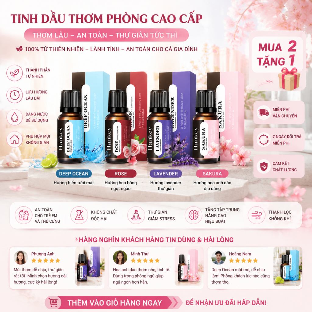 Tinh Dầu Thơm Phòng 10ml|Tinh Dầu Khuếch Tán|Tinh Dầu Máy Tạo Ẩm|Lưu Hương Lâu|4 Mùi Hương