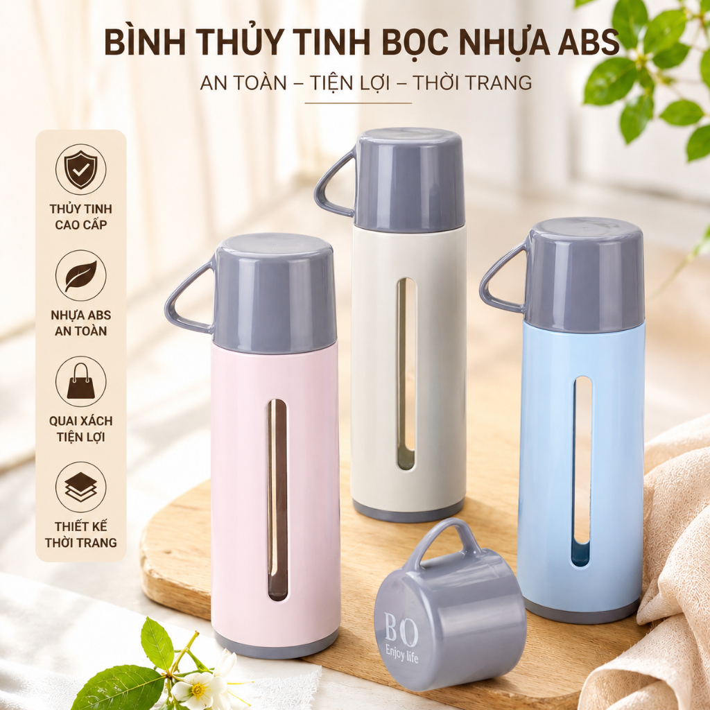 Bình Thủy Tinh Bọc Nhựa ABS Có Quai Xách – An Toàn, Tiện Lợi, Thời Trang