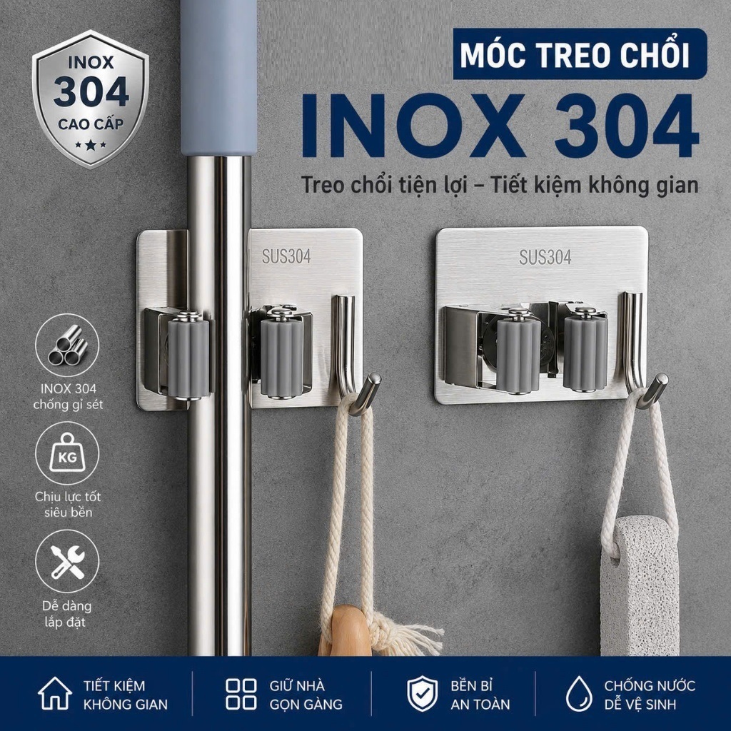 Combo 1 2 Cái Móc Treo Kẹp Chổi INOX 304 mới, Móc Dán Tường Siêu Chắc Thiết Kế Hiện Đại