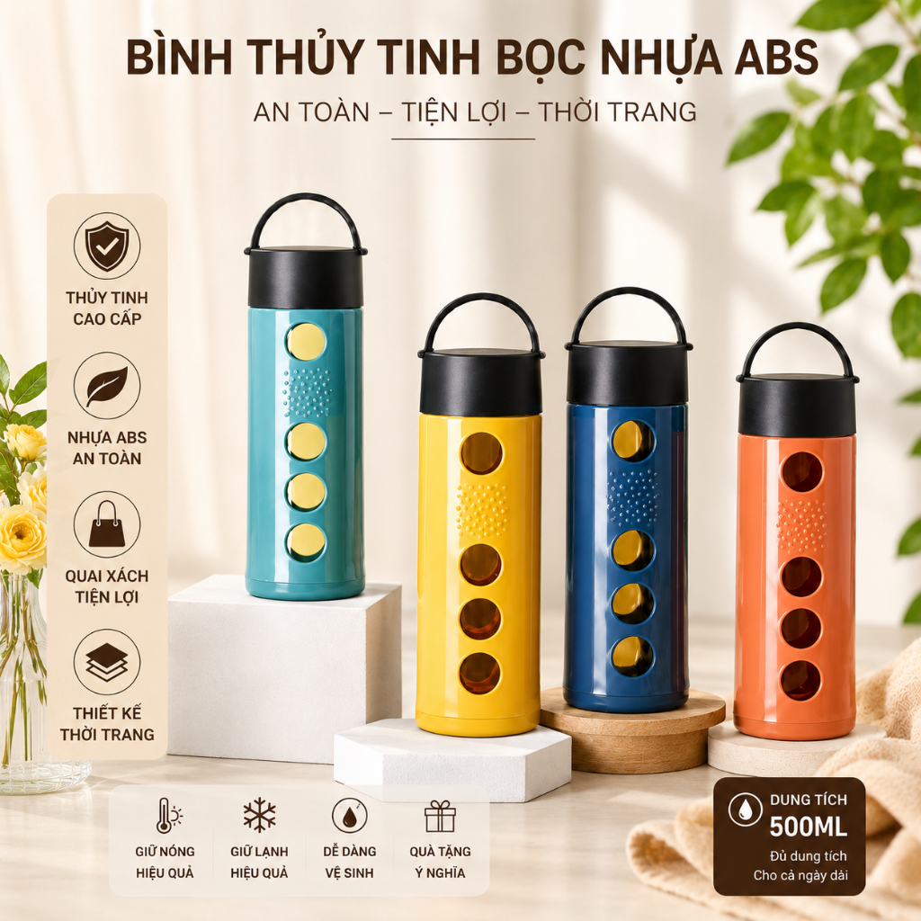 Bình Thủy Tinh Bọc Nhựa ABS Có Quai Xách – An Toàn, Tiện Lợi, Thời Trang
