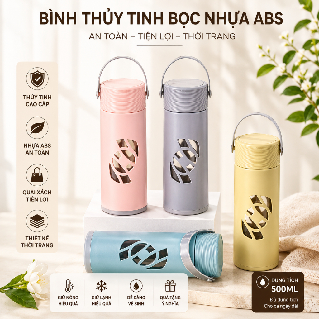 Bình Thủy Tinh Bọc Nhựa ABS Có Quai Xách – An Toàn, Tiện Lợi, Thời Trang
