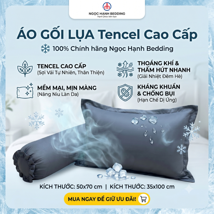 [Mẫu mới] Áo gối LỤA TENCEL LINA mềm mịn, mát lạnh 50x70, 35x100 - Ngọc Hạnh Bedding