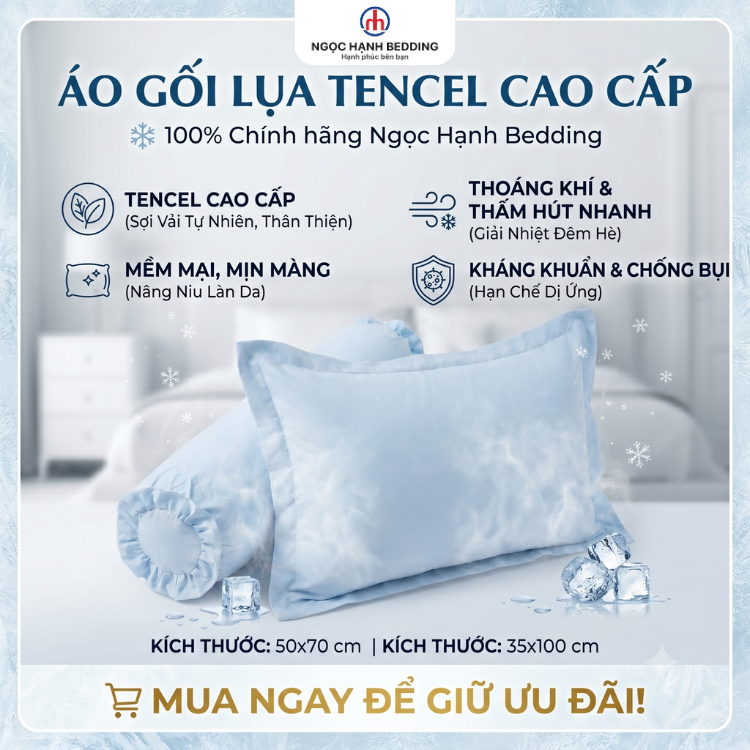 [Mẫu mới] Áo gối LỤA TENCEL LINA mềm mịn, mát lạnh 50x70, 35x100 - Ngọc Hạnh Bedding