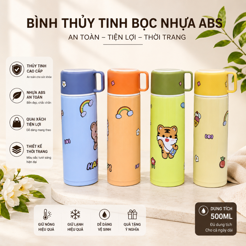 Bình Thủy Tinh Bọc Nhựa ABS Có Quai Xách – An Toàn, Tiện Lợi, Thời Trang