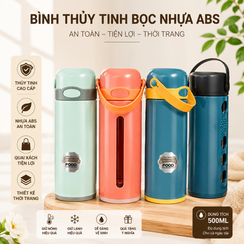 Bình Thủy Tinh Bọc Nhựa ABS Có Quai Xách – An Toàn, Tiện Lợi, Thời Trang