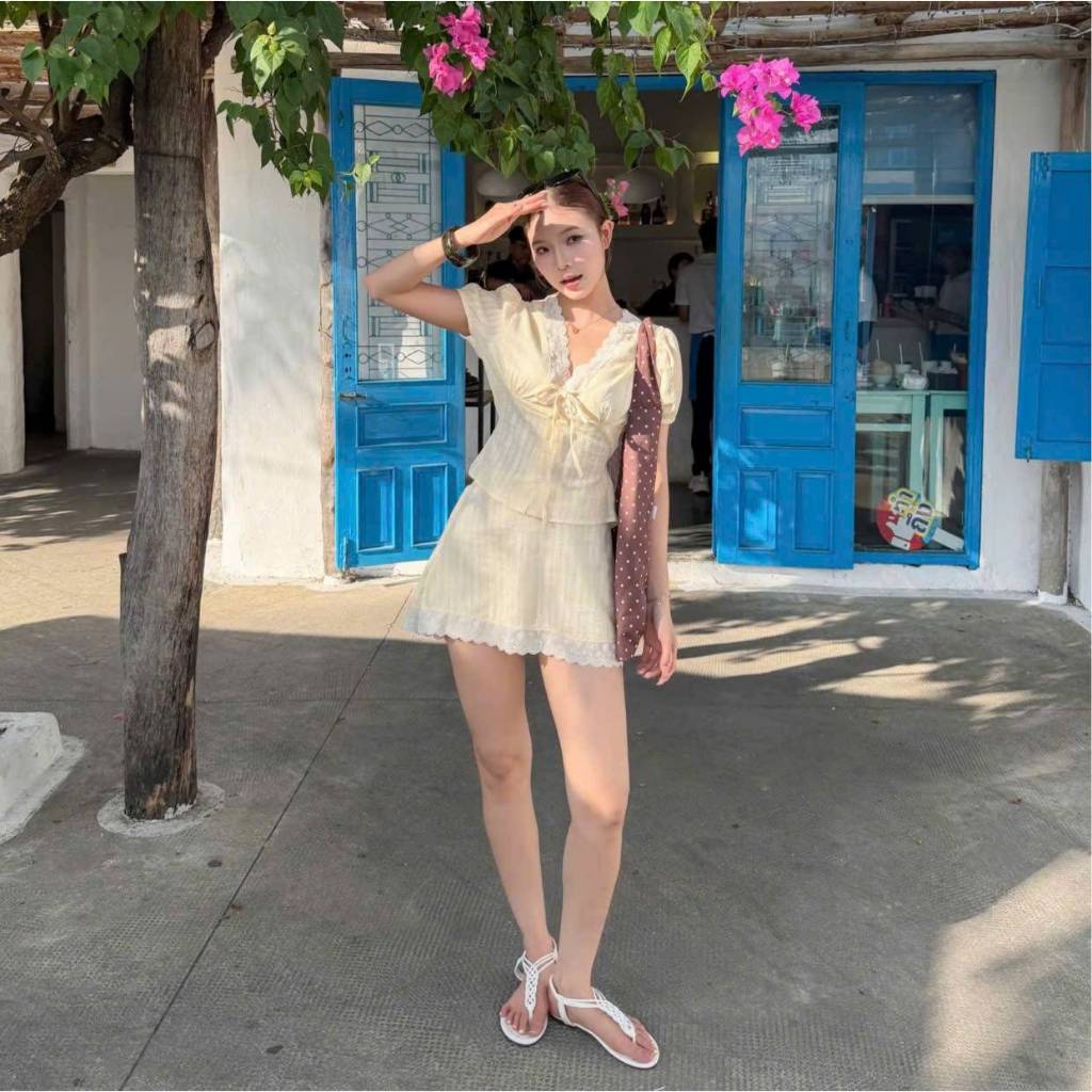 Set váy kiểu nữ cổ V buộc nơ phối tay phồng xinh xắn TẤM S73