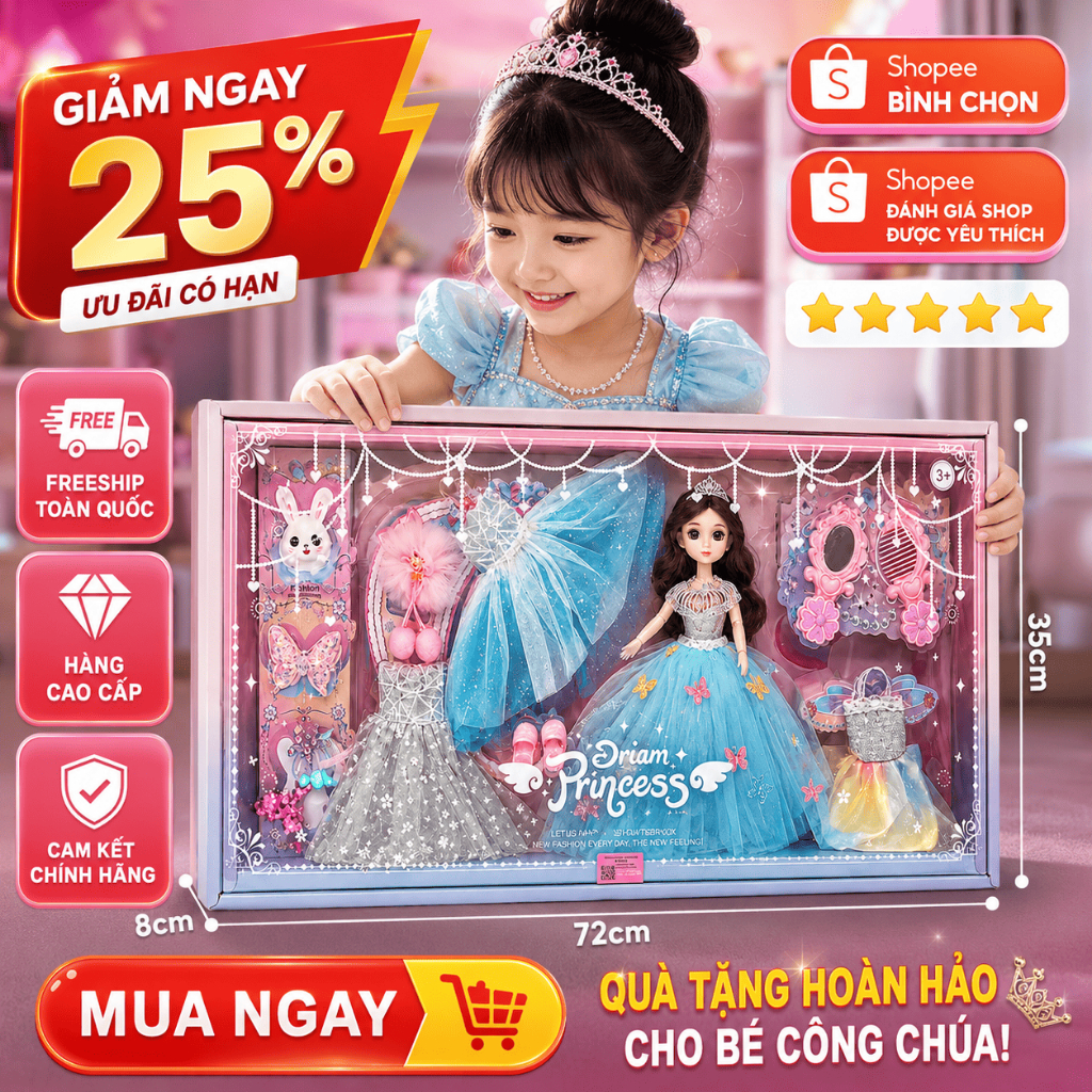 Búp Bê Công Chúa Cao Cấp Cho Bé Gái, Búp Bê Baby Kèm Váy Đầm Phụ Kiện, Đồ Chơi Thời Trang
