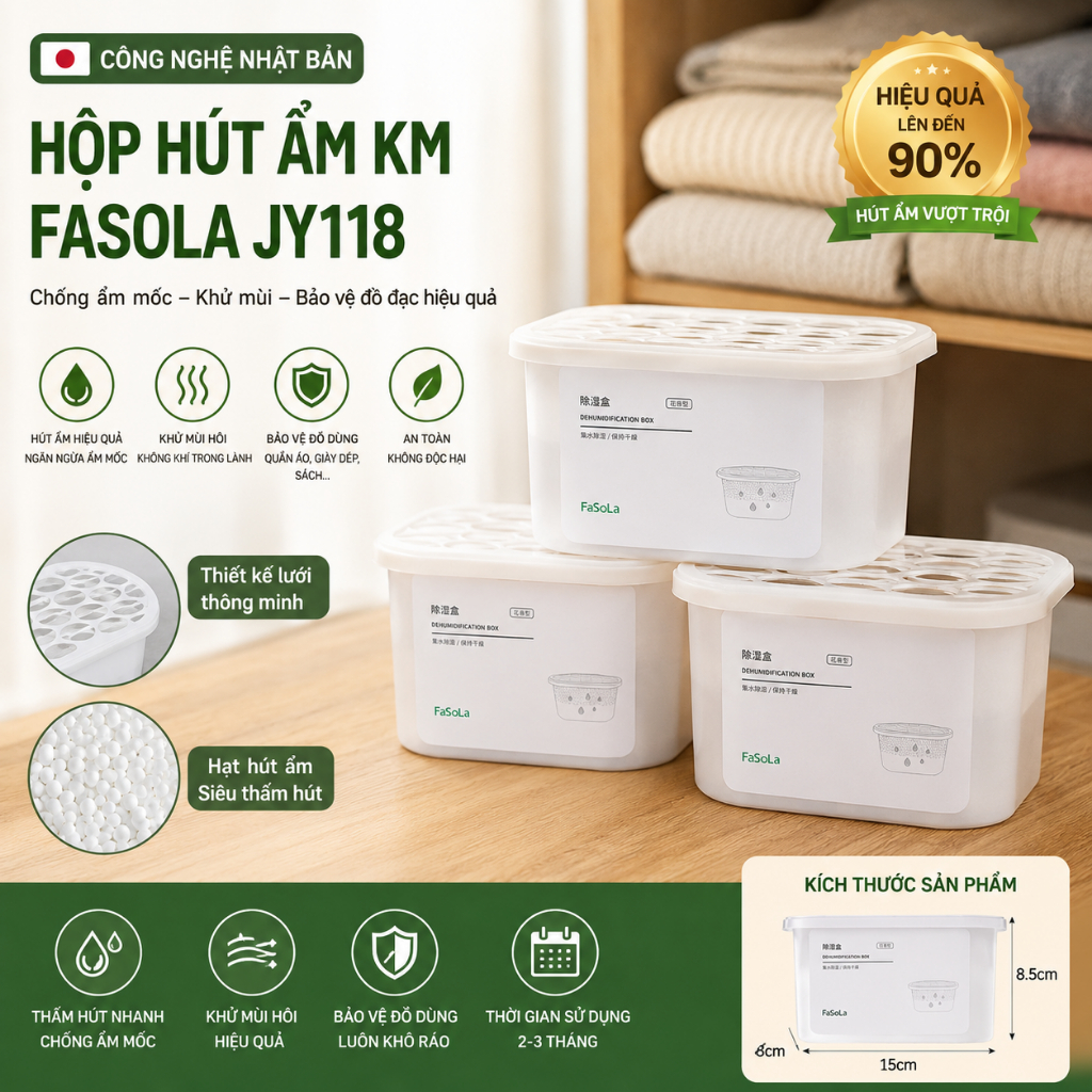 Hộp Hút Ẩm KM Fasola Công Nghệ Nhật Bản – JY118 | Chống Ẩm Mốc, Khử Mùi, Bảo Vệ Đồ Đạc Hiệu Quả