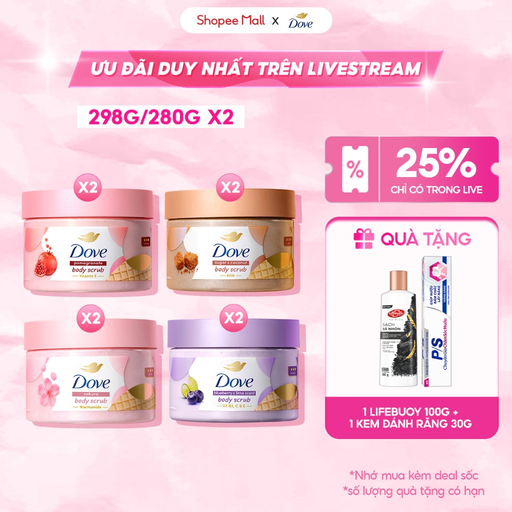 [LIVE] Combo 2 Smoothie Tẩy Tế Bào Chết Body Dove Chăm Da Sáng Mịn 298g/280g