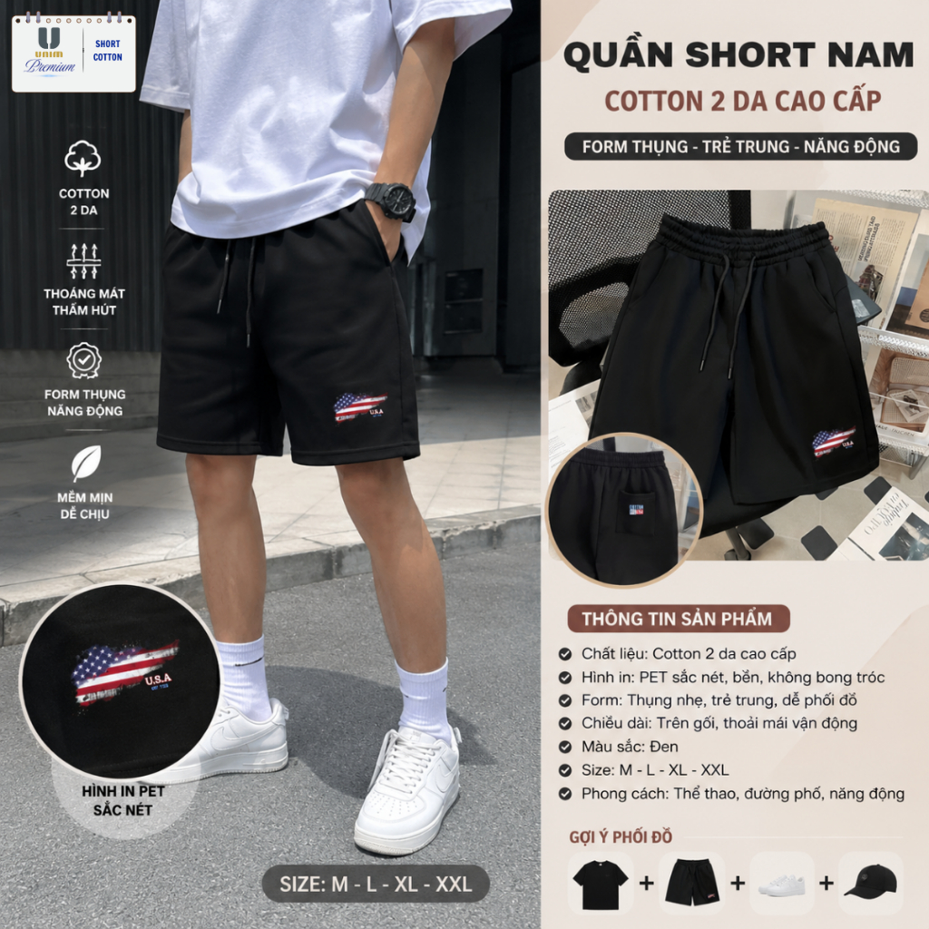 Quần Short USA Cờ Mỹ Unim Fashion Chất Liệu Cotton 2 Da Nhẹ Thoáng Mát Không Nhăn Nhàu Giữ Form