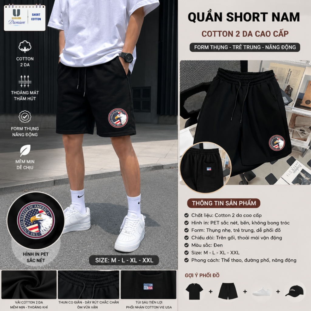Quần Short USA Cờ Mỹ Unim Fashion Chất Liệu Cotton 2 Da Nhẹ Thoáng Mát Không Nhăn Nhàu Giữ Form