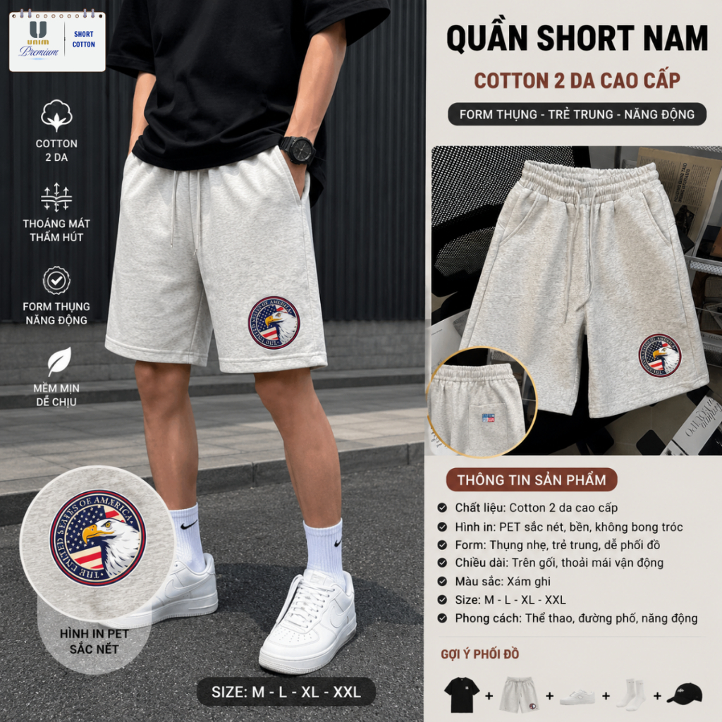 Quần Short USA Cờ Mỹ Unim Fashion Chất Liệu Cotton 2 Da Nhẹ Thoáng Mát Không Nhăn Nhàu Giữ Form