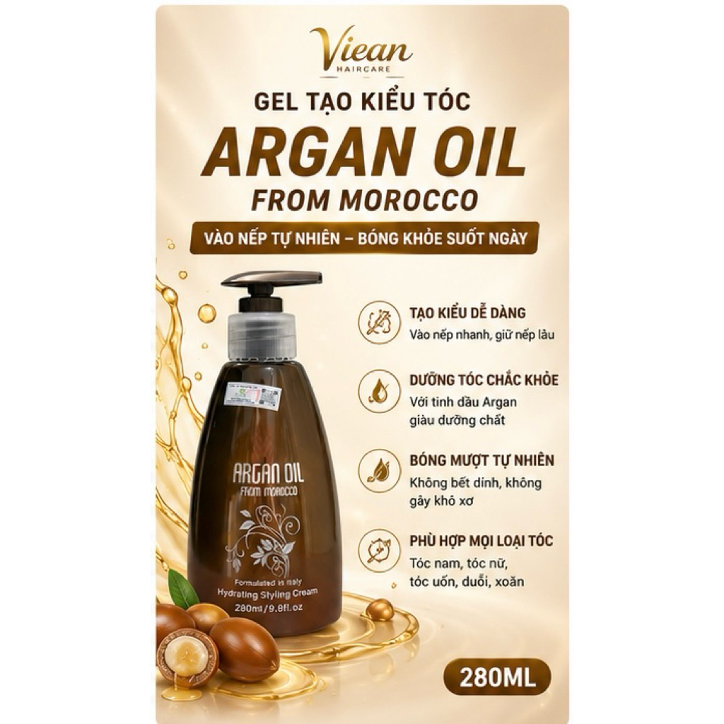 Gel Tạo Kiểu Dưỡng Tóc Argan Oil From Morocco 280ml Vuốt Tóc Uốn, Giữ Nếp Tự Nhiên & Phục Hồi Hư Tổn
