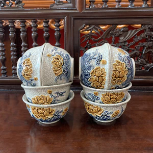 Bát thờ, Bát cúng, chén cơm gia tiên men rạn đắp nổi Bát Tràng Họa Tiết Sen Rồng Cuốn Thư