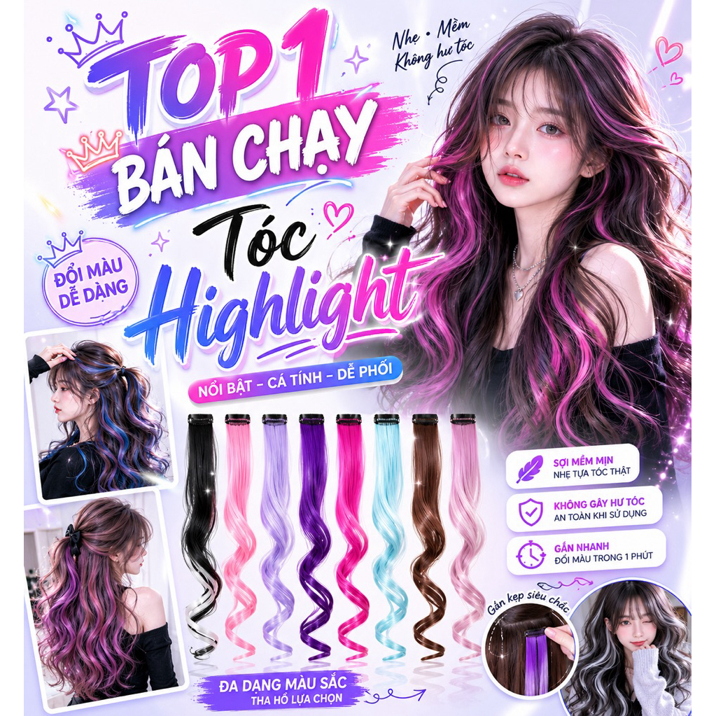 Tóc Giả Line Xoăn Kẹp Nhiều Màu Cầu Vồng – Tóc Highlight Kẹp Nối Chụp Ảnh, Cosplay