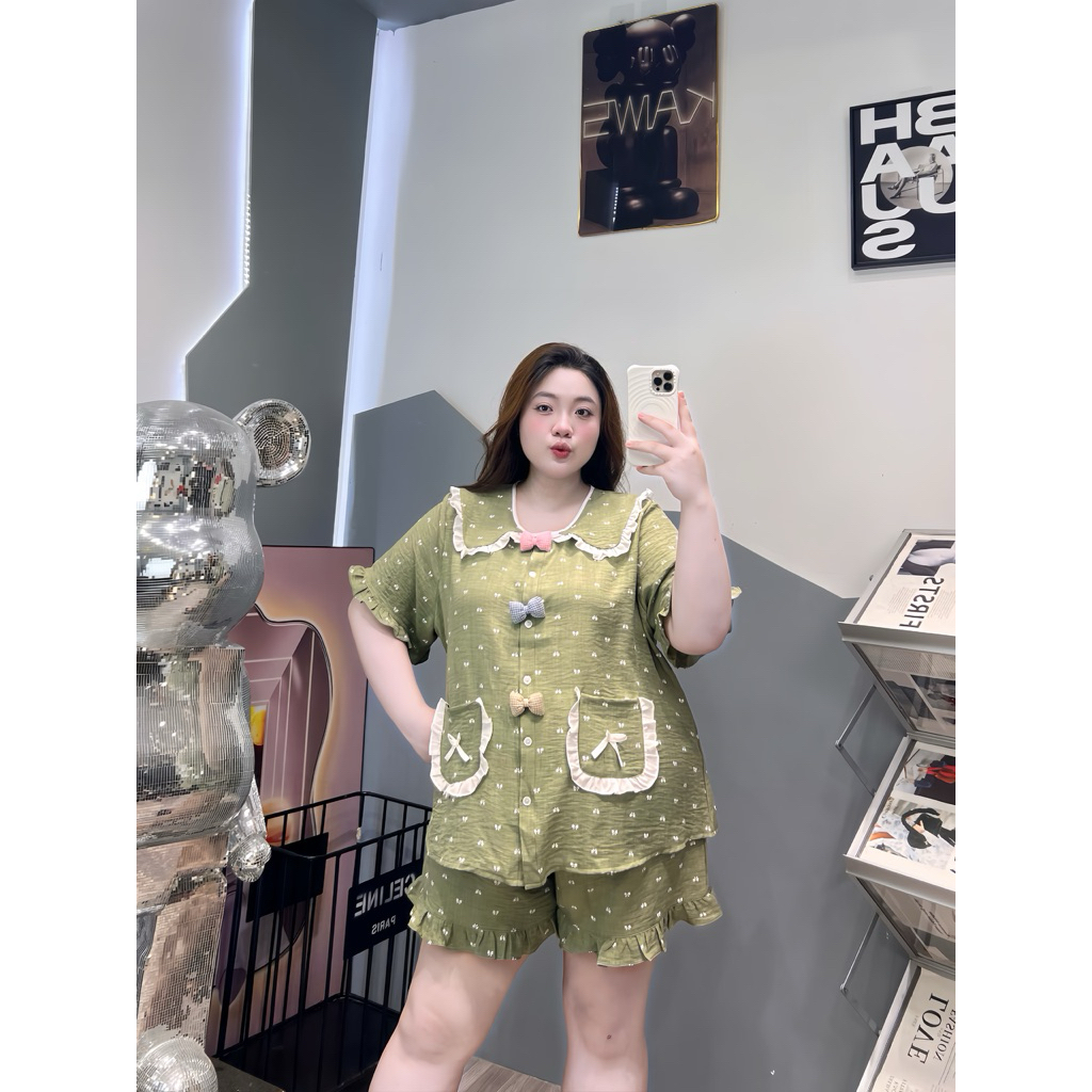 (Múp Bigsize) Pijama đũi bèo nơ ghim bigsize (60-120kg)