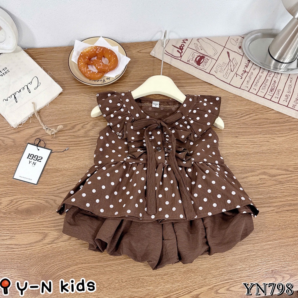 Quần áo bé gái 7 tuổi, đồ bộ bé gái, set bộ áo chấm bi phối nơ mix chân váy phồng đi học, đi chơi 10-30kg Hami Kids
