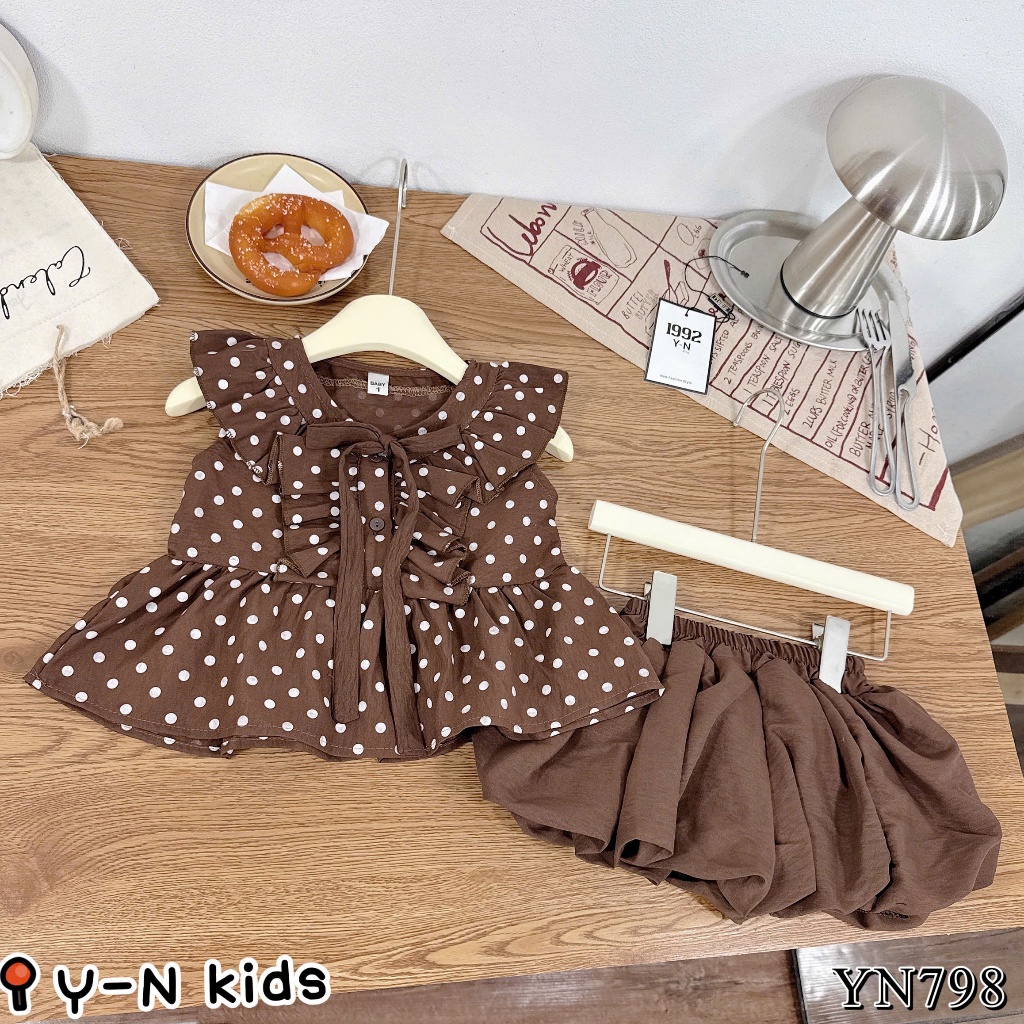 Quần áo bé gái 7 tuổi, đồ bộ bé gái, set bộ áo chấm bi phối nơ mix chân váy phồng đi học, đi chơi 10-30kg Hami Kids