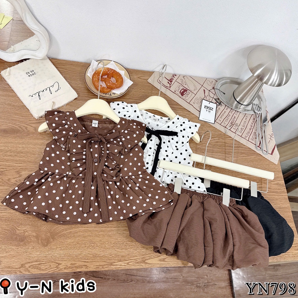 Quần áo bé gái 7 tuổi, đồ bộ bé gái, set bộ áo chấm bi phối nơ mix chân váy phồng đi học, đi chơi 10-30kg Hami Kids