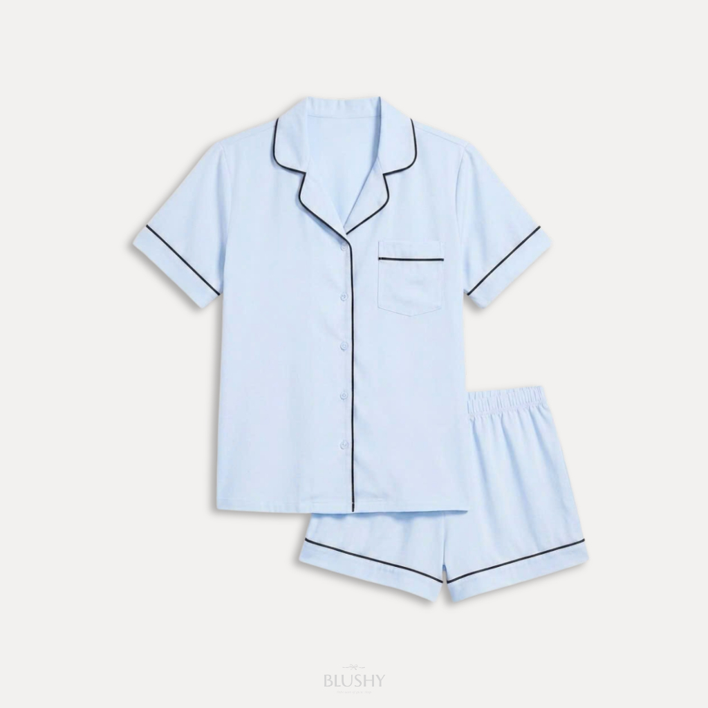 Product image Bộ đồ ngủ nữ Pijama Blushy mẫu Classic Blue màu xanh dương trơn tay ngắn quần đùi