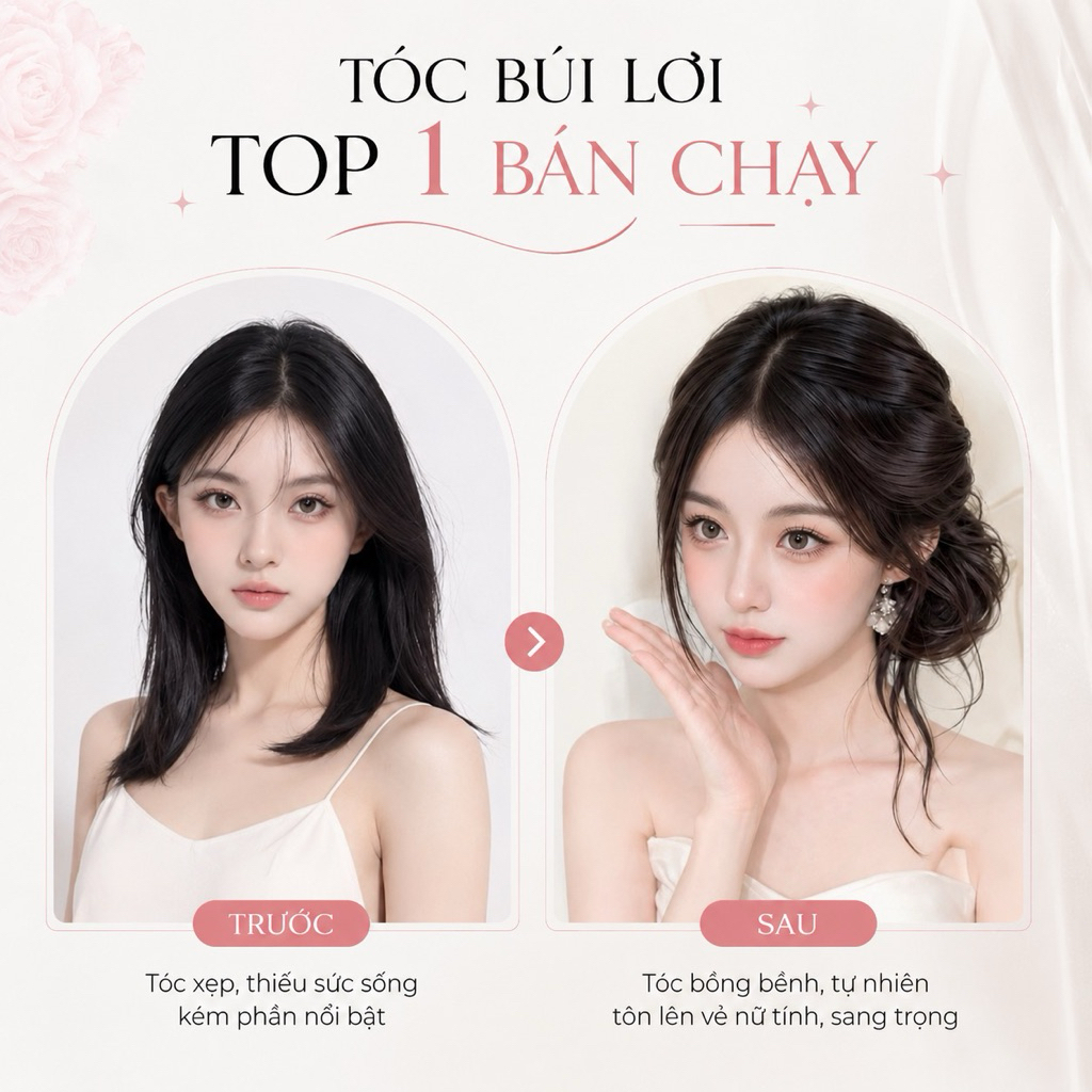 Tóc giả nữ búi lơi/ Búi xoăn lơi phong cách trẻ trung chất sợi tơ nhân tạo dùng được nhiệt hàng siêu cấp