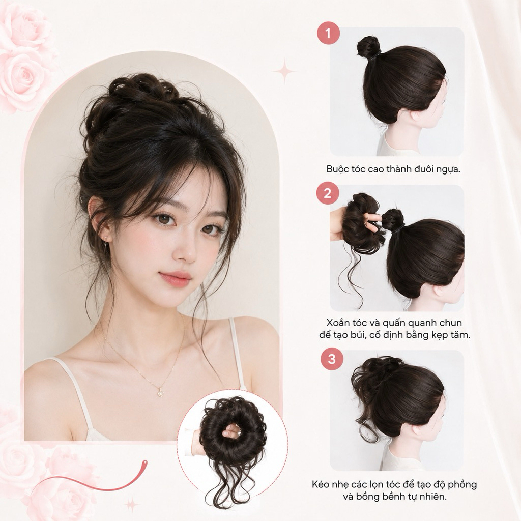 Tóc giả nữ búi lơi/ Búi xoăn lơi phong cách trẻ trung chất sợi tơ nhân tạo dùng được nhiệt hàng siêu cấp