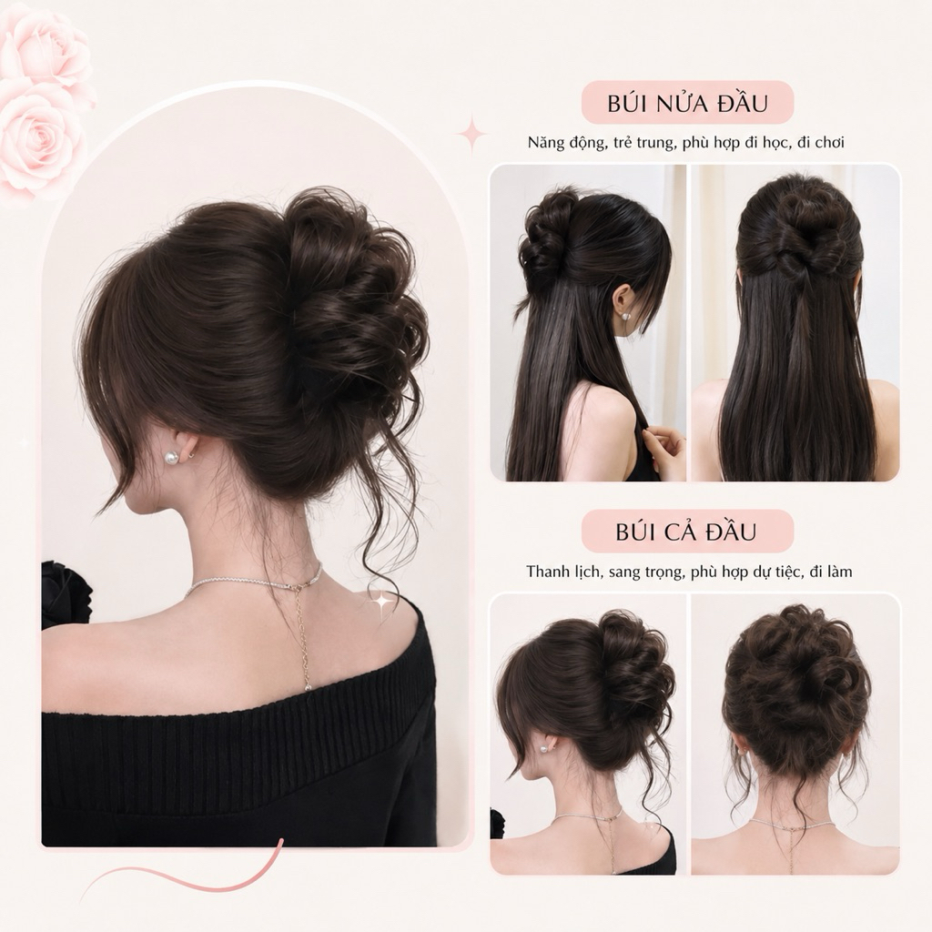 Tóc giả nữ búi lơi/ Búi xoăn lơi phong cách trẻ trung chất sợi tơ nhân tạo dùng được nhiệt hàng siêu cấp