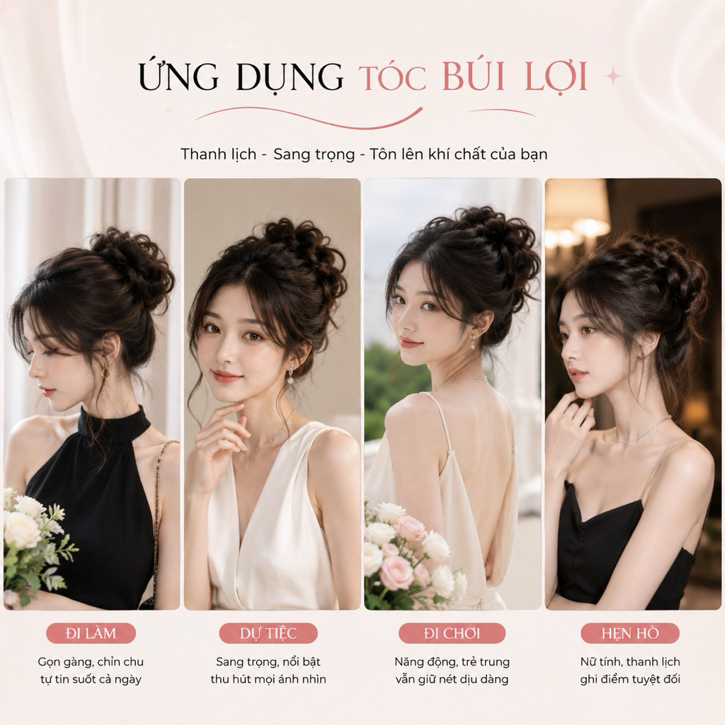 Tóc giả nữ búi lơi/ Búi xoăn lơi phong cách trẻ trung chất sợi tơ nhân tạo dùng được nhiệt hàng siêu cấp