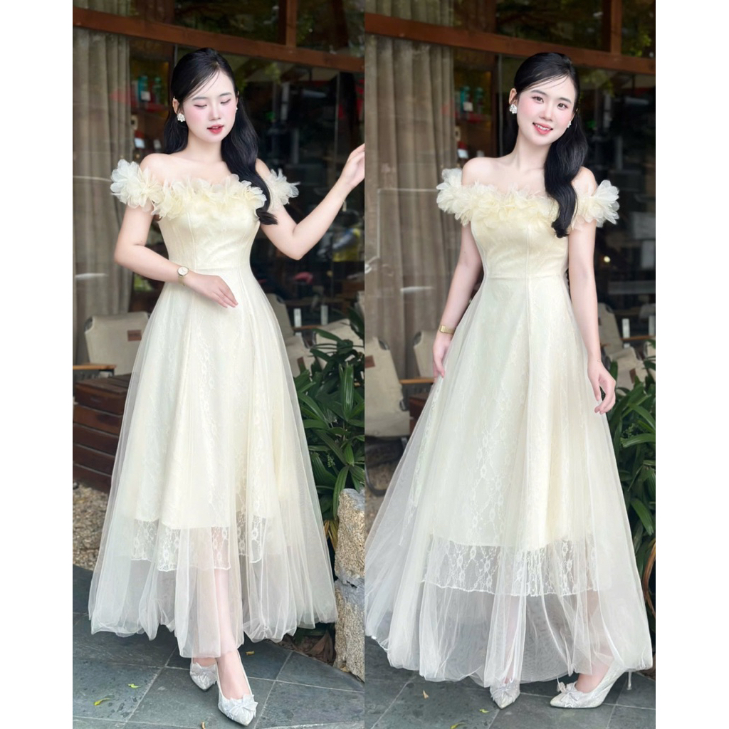Đầm Váy Dự Tiệc LASY Thời Trang Nữ Chất Ren Lưới Trễ Vai Dáng Dài - D1378