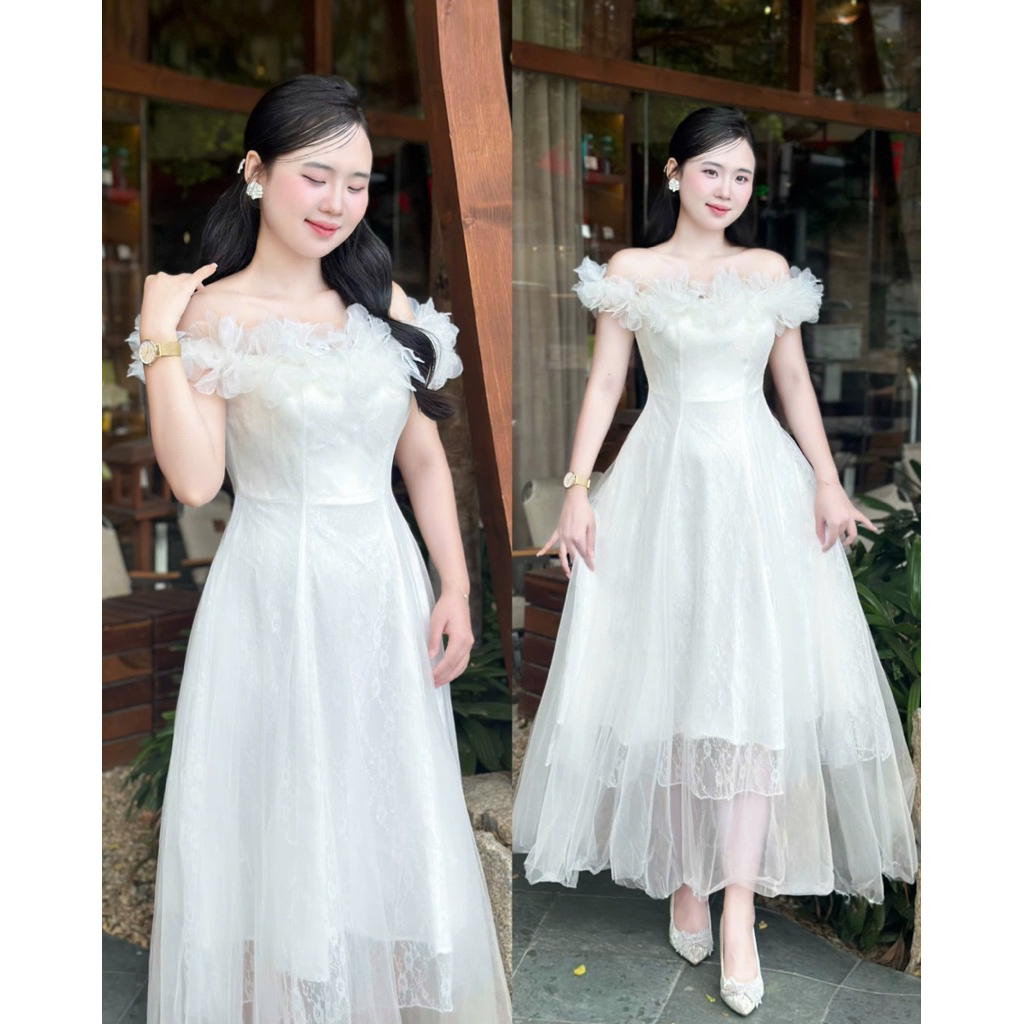 Đầm Váy Dự Tiệc LASY Thời Trang Nữ Chất Ren Lưới Trễ Vai Dáng Dài - D1378