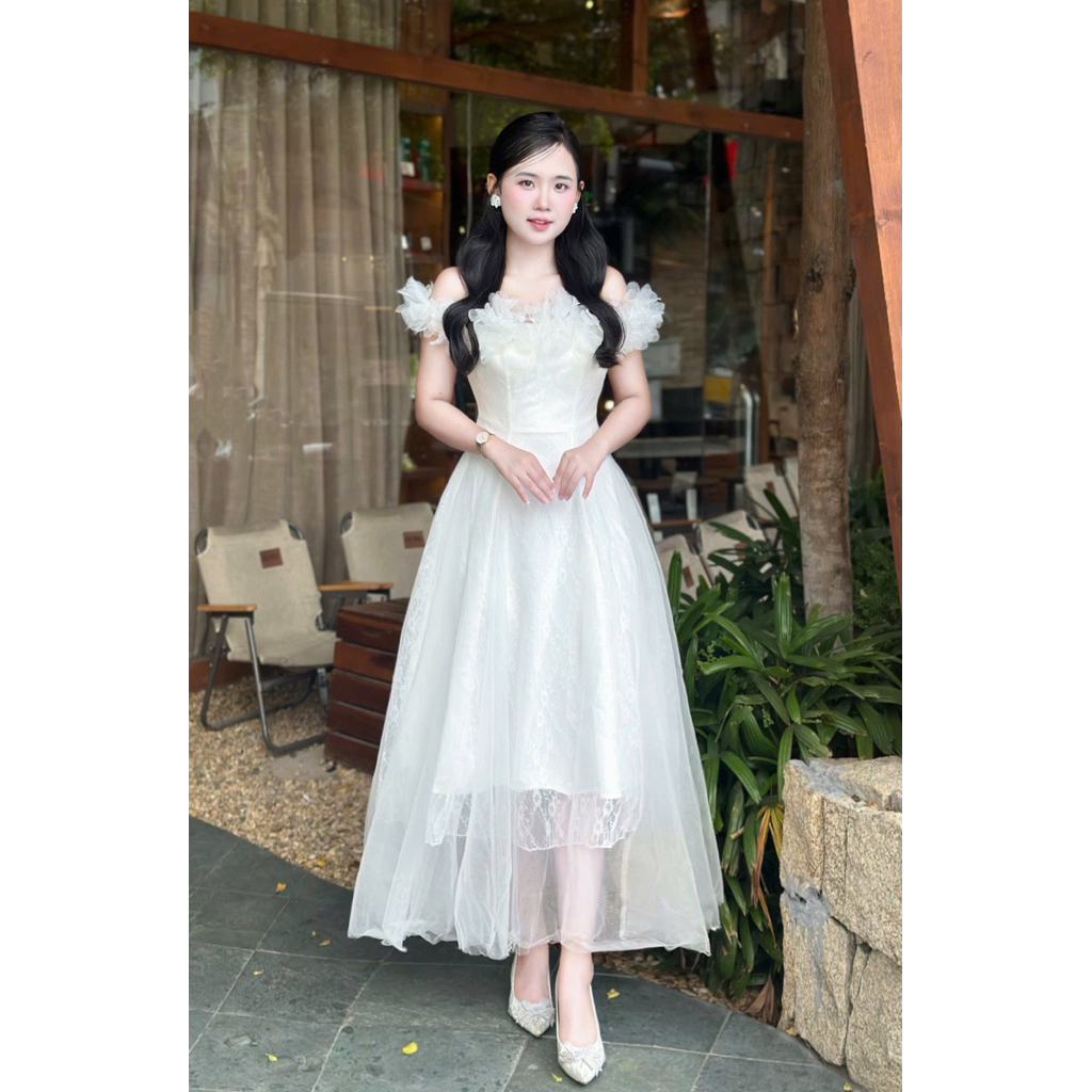 Đầm Váy Dự Tiệc LASY Thời Trang Nữ Chất Ren Lưới Trễ Vai Dáng Dài - D1378