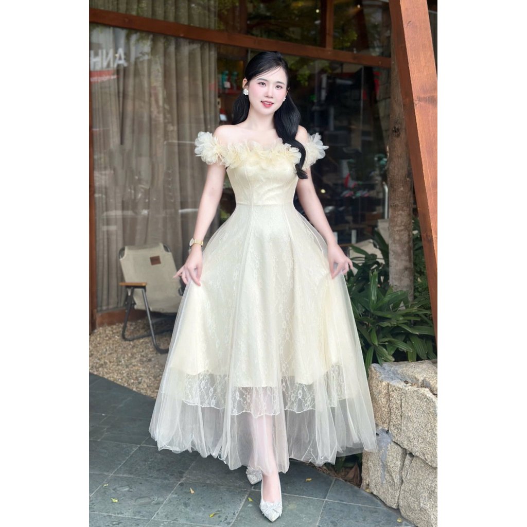 Đầm Váy Dự Tiệc LASY Thời Trang Nữ Chất Ren Lưới Trễ Vai Dáng Dài - D1378