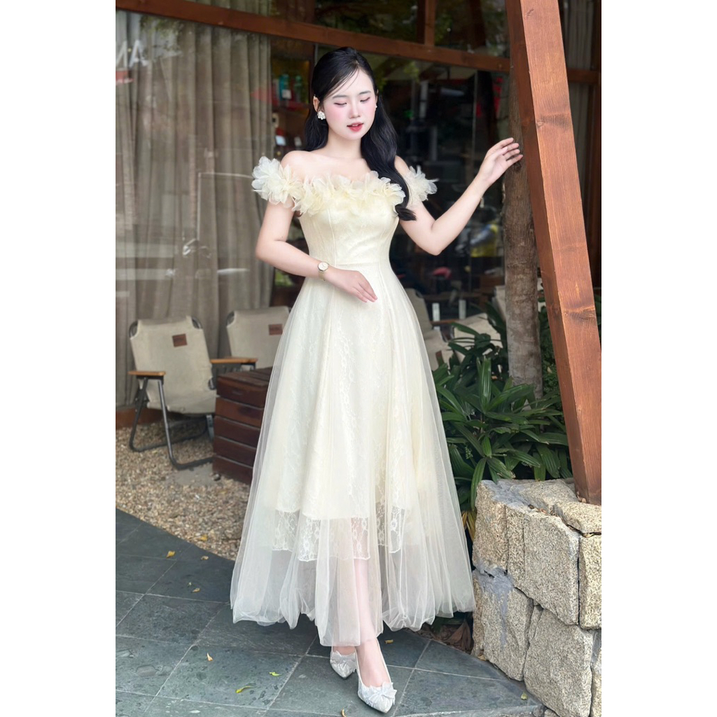 Đầm Váy Dự Tiệc LASY Thời Trang Nữ Chất Ren Lưới Trễ Vai Dáng Dài - D1378