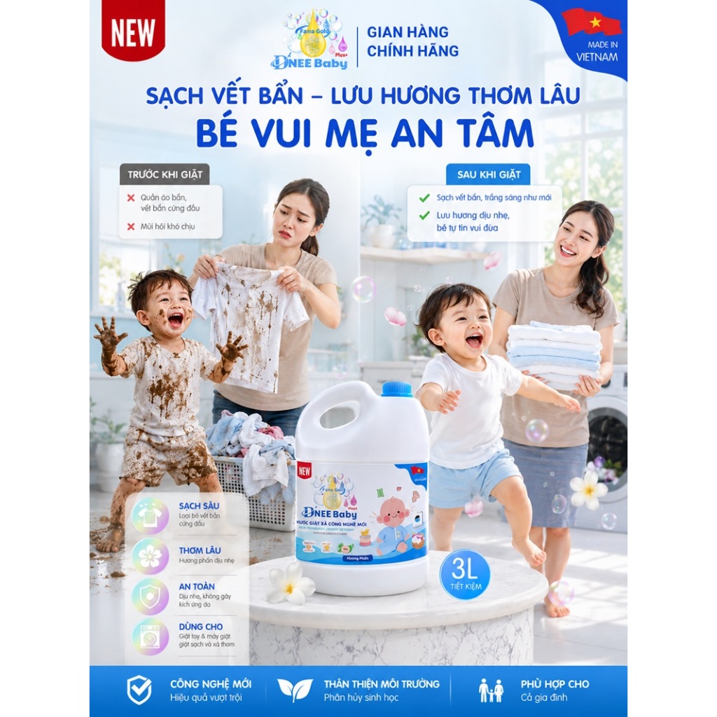 [Combo 2] Nước Giặt Xả Cho Bé Dnee Baby Plus+ 3L Chính Hãng | Dịu Nhẹ Cho Da Sơ Sinh, Mềm Vải, Lưu Hương, Giặt Xả 2in1