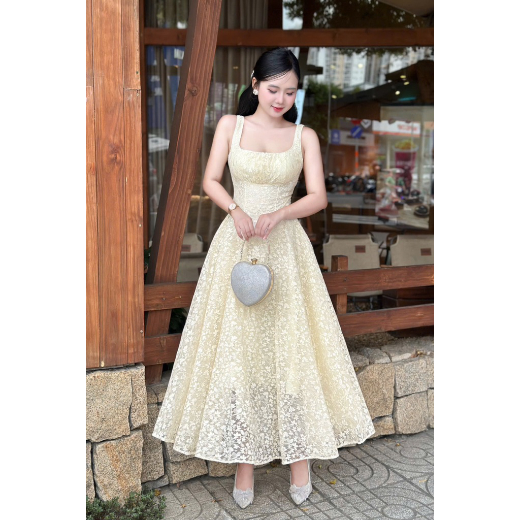 Đầm Dự Tiệc Chất Ren Hoa Nhũ Thời Trang Nữ LASY D1168 Dáng Dài Xoè 2 Dây Chun Lưng Nữ Tính
