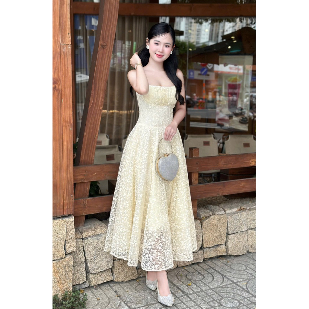 Đầm Dự Tiệc Chất Ren Hoa Nhũ Thời Trang Nữ LASY D1168 Dáng Dài Xoè 2 Dây Chun Lưng Nữ Tính