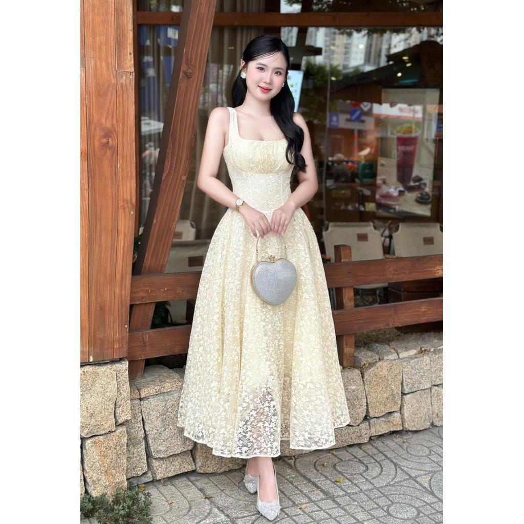 Đầm Dự Tiệc Chất Ren Hoa Nhũ Thời Trang Nữ LASY D1168 Dáng Dài Xoè 2 Dây Chun Lưng Nữ Tính