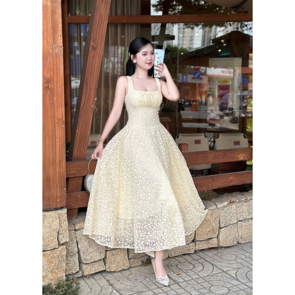 Đầm Dự Tiệc Chất Ren Hoa Nhũ Thời Trang Nữ LASY D1168 Dáng Dài Xoè 2 Dây Chun Lưng Nữ Tính